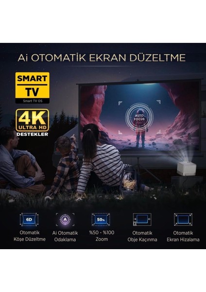 Aurzen Boom 3 Wifi + Bluetooth 300 Inç 4K Smart Tv Projeksiyon Cihazı Renk Altın fırsatları