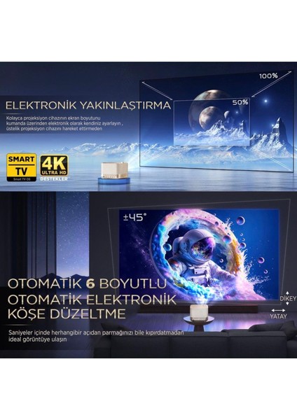 Aurzen Boom 3 Wifi + Bluetooth 300 Inç 4K Smart Tv Projeksiyon Cihazı Renk Altın indirimleri