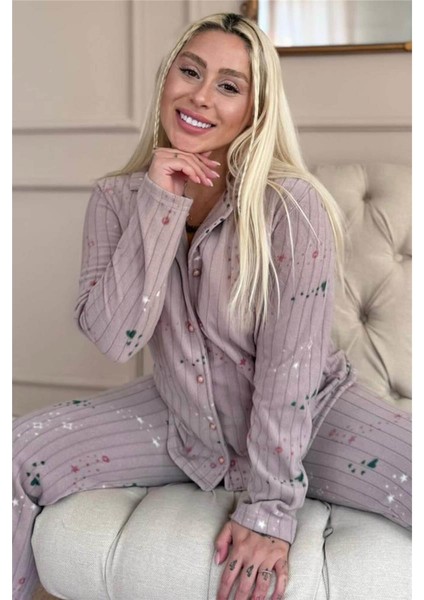 Mor Gri Yıldızlı Kalp Desenli Önden Düğmeli Peluş Polar Pijama Takımı