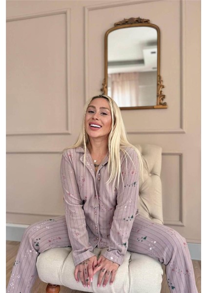 Mor Gri Yıldızlı Kalp Desenli Önden Düğmeli Peluş Polar Pijama Takımı fiyatları