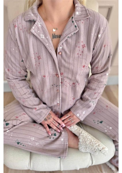 Mor Gri Yıldızlı Kalp Desenli Önden Düğmeli Peluş Polar Pijama Takımı indirimleri