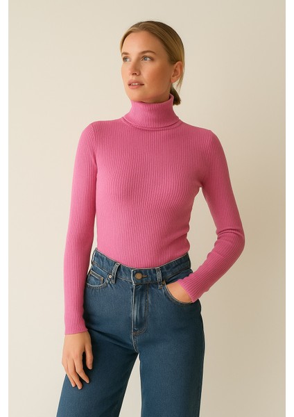-Balıkçı Boğazlı Yaka Kaşkorse Şardonlu Standart Beden Boğazlı Kazak-Uzun Kollu Dar Body Standart-Pembe modelleri
