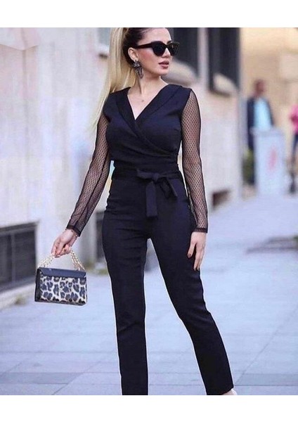 Kadın Uzun Kollu Kruvaze Yakalı Kolları Tül Detay Beli Kuşaklı Ithal Krep Tulum