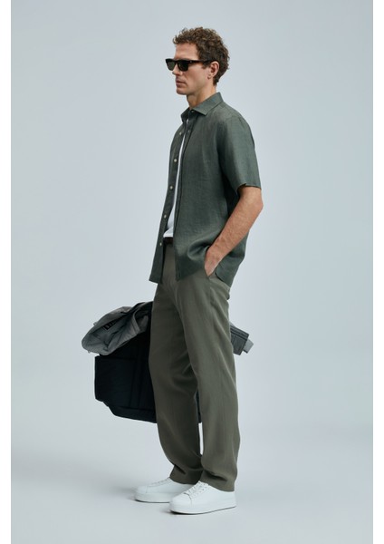 Keten ve Pamuk Karışımlı Slim Fit Normal Bel Düz Paça Chino Pantolon Erkek Pantolon 111190352