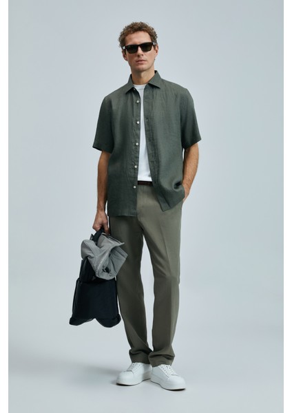 Keten ve Pamuk Karışımlı Slim Fit Normal Bel Düz Paça Chino Pantolon Erkek Pantolon 111190352