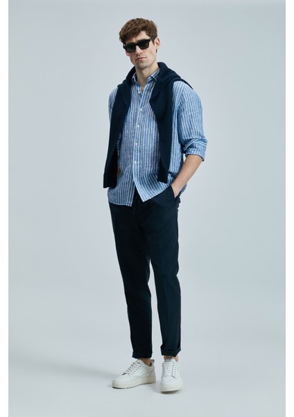 Keten ve Pamuk Karışımlı Slim Fit Normal Bel Düz Paça Chino Pantolon Erkek Pantolon 111190352
