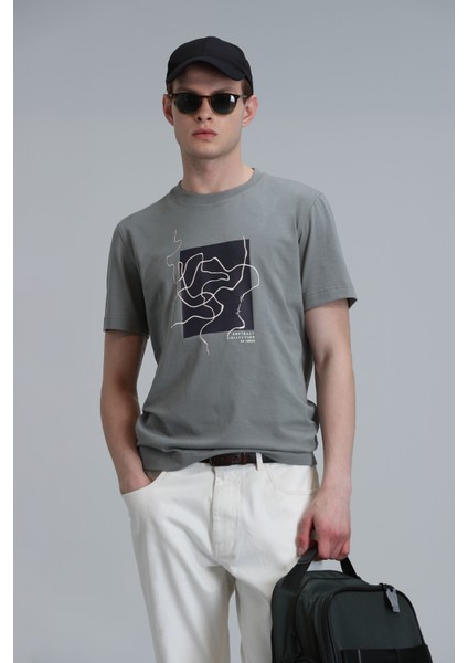 Nally Modern Grafik T- Shirt Koyu Saks