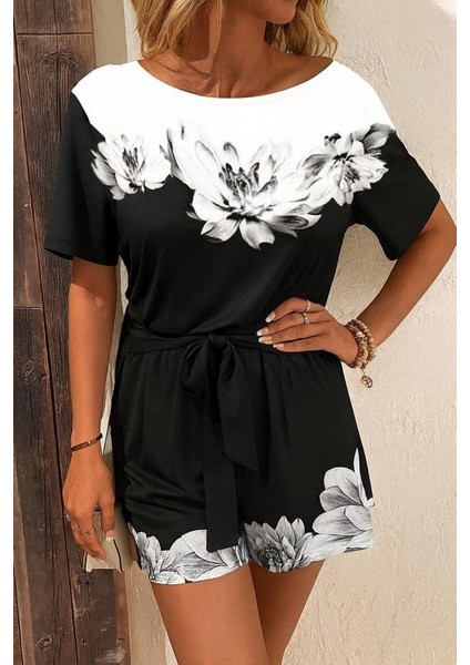 Kadın Tek Omuzu Açık Çiçek Desenli Beli Kuşaklı Iki Iplik Mini Short Tulum modelleri