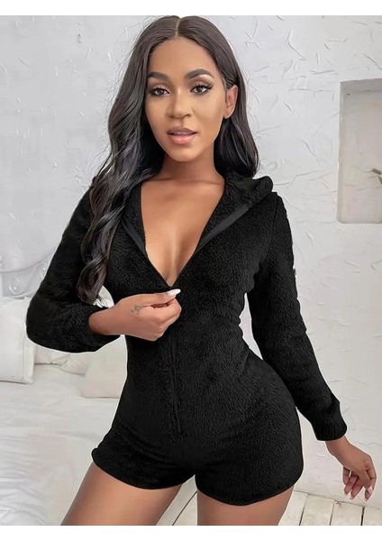 Kadın Uzun Kollu Kapişon ve Fermuar Detaylı Peluş Şort Tulum indirimleri