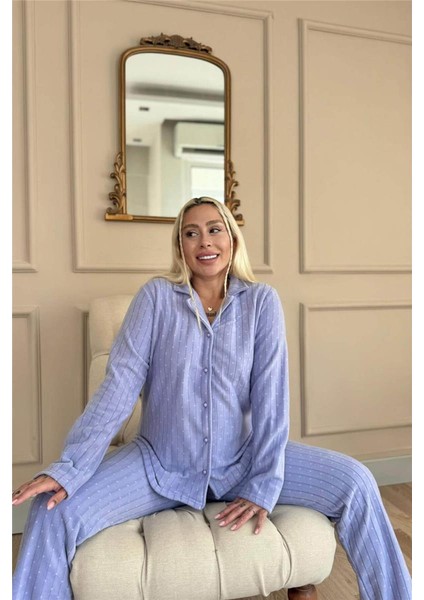 Bebe Mavi Mini Dotted Desenli Önden Düğmeli Peluş Polar Pijama Takımı modelleri