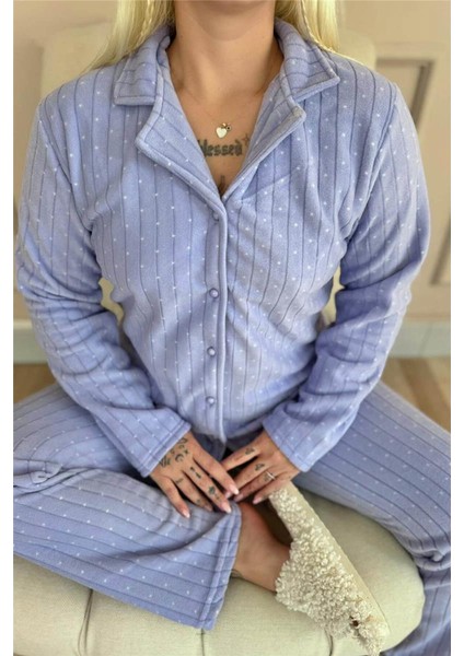 Bebe Mavi Mini Dotted Desenli Önden Düğmeli Peluş Polar Pijama Takımı indirimleri