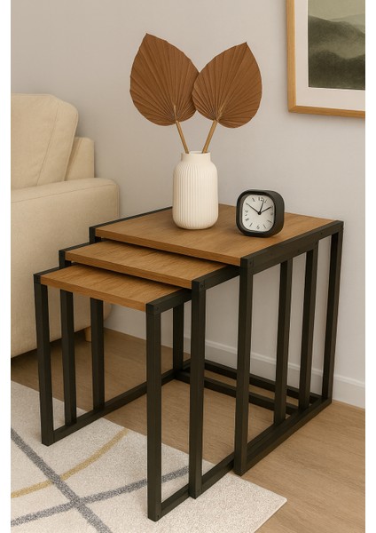 Clevernest 3lü Zigon Sehpa Ahsap ve Metal - Çam Rengi