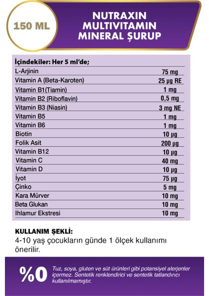 Nutraxin Kids Multivitamin Mineral Şurup 150 ml 2 Adet modelleri