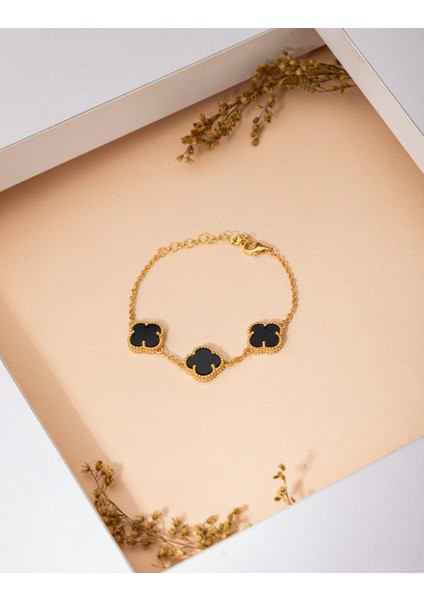 925 Ayar Oniks Taşlı Gold Üçlü Yonca Gümüş Bileklik