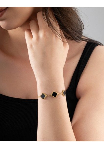 925 Ayar Oniks Taşlı Gold Üçlü Yonca Gümüş Bileklik fiyatları