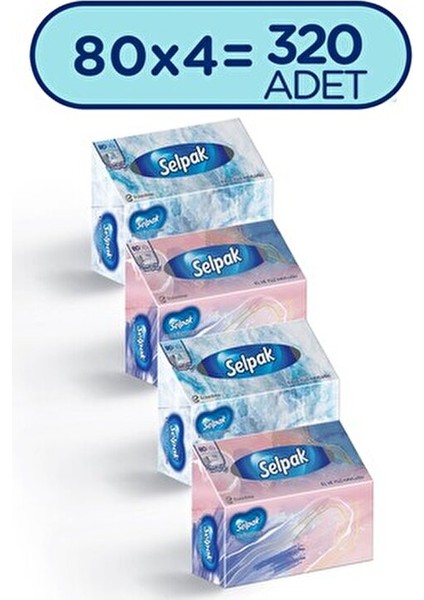 El ve Yüz Havlusu 4'lü Paket 320 Yaprak 3 Katlı Kokusuz ve Dermatolojik Olarak Test Edilmiş