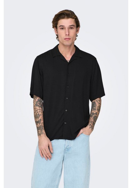 Normal Siyah Düz Erkek Gömlek Onsdash Lıfe Reg Solıd Vısc Res Ss
