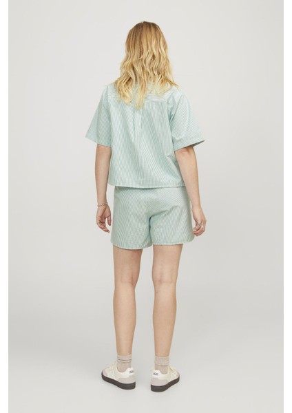 Kadin Çizgi Desenli Rahat Kesim Sort - Siva