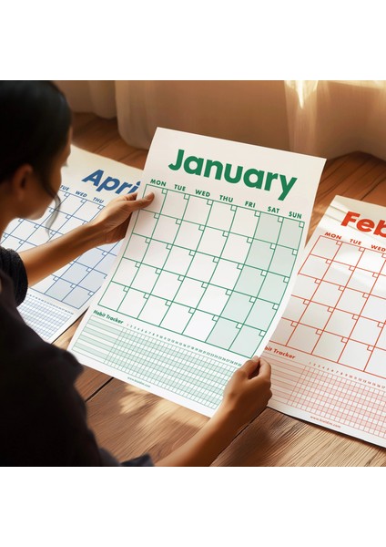 12 Aylık Planlayıcı Zamansız Takvim, Alışkanlık Takip Planlayıcı, Sürekli Takvim, Renkli Tarihsiz Takvim, 33 x 48 Cm, A4, Undated Monthly Wall Planner, Habit Tracker Planner, Perpetual Wall Calendar