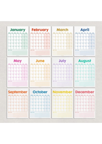 12 Aylık Planlayıcı Zamansız Takvim, Alışkanlık Takip Planlayıcı, Sürekli Takvim, Renkli Tarihsiz Takvim, 33 x 48 Cm, A4, Undated Monthly Wall Planner, Habit Tracker Planner, Perpetual Wall Calendar