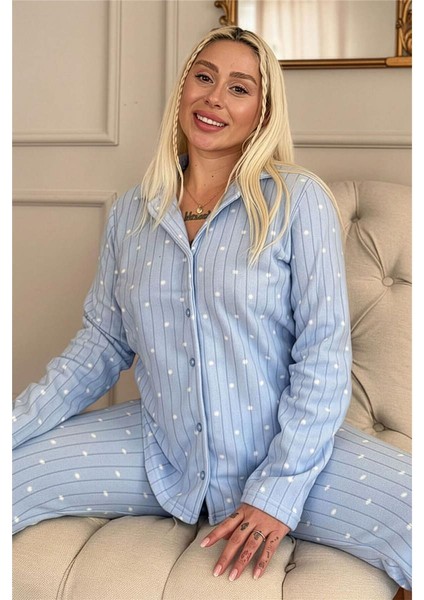 Mavi Dotted Desenli Önden Düğmeli Peluş Polar Pijama Takımı