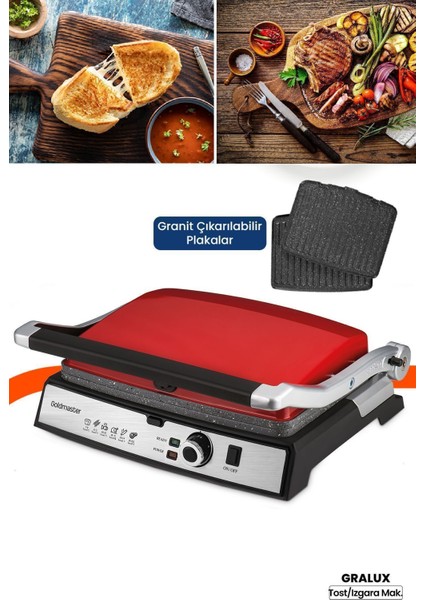 Kırmızı Paslanmaz Çelik Tost ve Izgara Makinesi, Granit Plakalar, 2000W