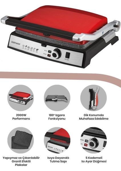 Kırmızı Paslanmaz Çelik Tost ve Izgara Makinesi, Granit Plakalar, 2000W fiyatları