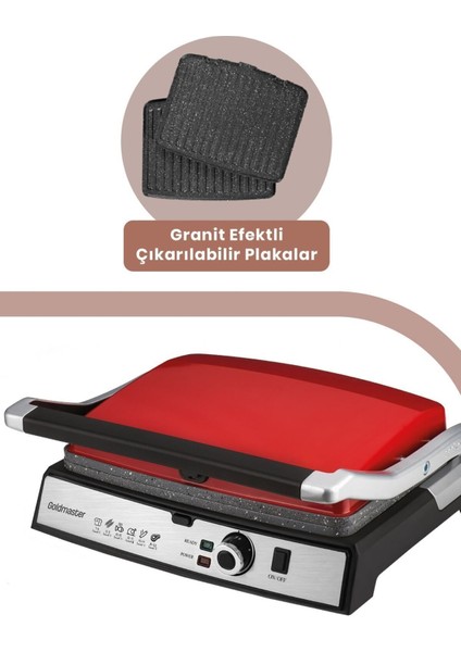 Kırmızı Paslanmaz Çelik Tost ve Izgara Makinesi, Granit Plakalar, 2000W modelleri