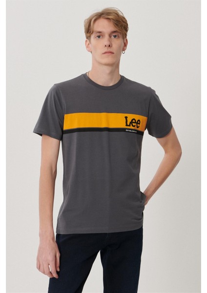 Logo Erkek Gri Bisiklet Yaka Tişört