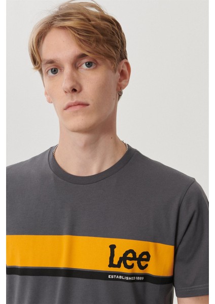 Logo Erkek Gri Bisiklet Yaka Tişört