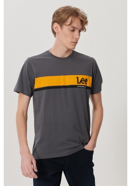 Logo Erkek Gri Bisiklet Yaka Tişört