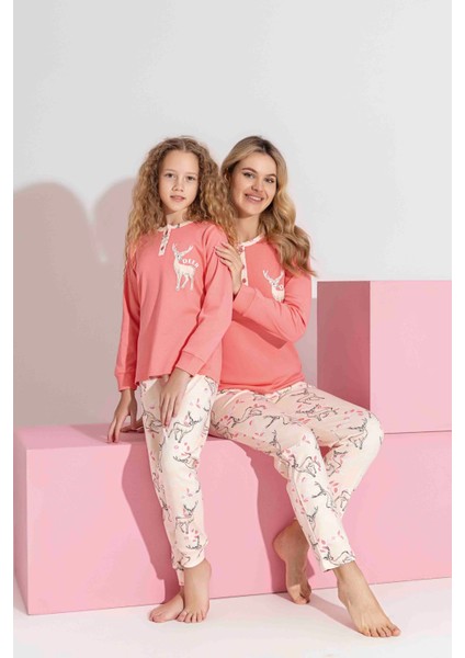 Anne-Kız Kombin Yapılabilir Uzun Kollu Geyik Desenli Interlok Aile Bağı Pijama TAKIMI-3214