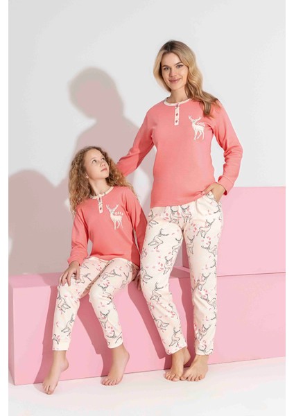 Anne-Kız Kombin Yapılabilir Uzun Kollu Geyik Desenli Interlok Aile Bağı Pijama TAKIMI-3214 fiyatları