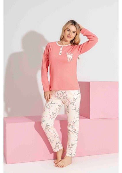 Anne-Kız Kombin Yapılabilir Uzun Kollu Geyik Desenli Interlok Aile Bağı Pijama TAKIMI-3214 modelleri