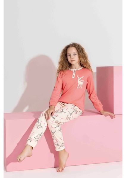 Anne-Kız Kombin Yapılabilir Uzun Kollu Geyik Desenli Interlok Aile Bağı Pijama TAKIMI-3214