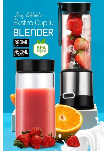 Taşınabilir Şarjlı Metal Mini Blender 450ML + 380ML, Pratik ve Şık Tasarım