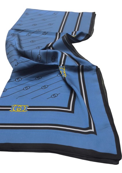 Monogram Desen Vual Ipek Şal Mavi