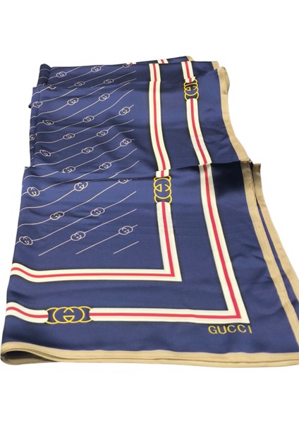 Monogram Desen Vual Ipek Şal Lacivert