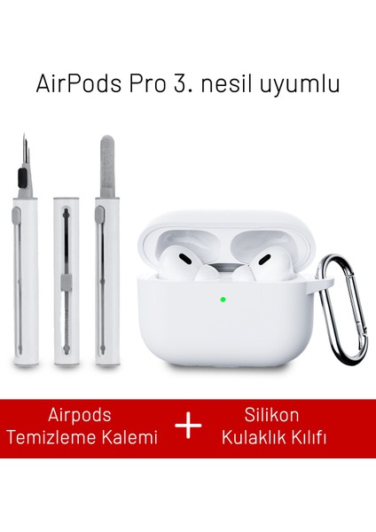 Airpods Pro 3. Nesil Uyumlu Darbelere Dayanıklı Askı Aparatlı Silikon Kılıf ve Elektronik Temizleme Kalemi