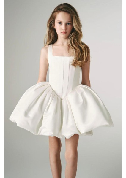 Kız Çocuk Abiye Kare Yaka Balon Etekli Elbise