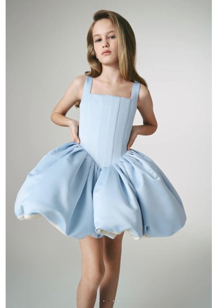 Kız Çocuk Abiye Kare Yaka Balon Etekli Elbise