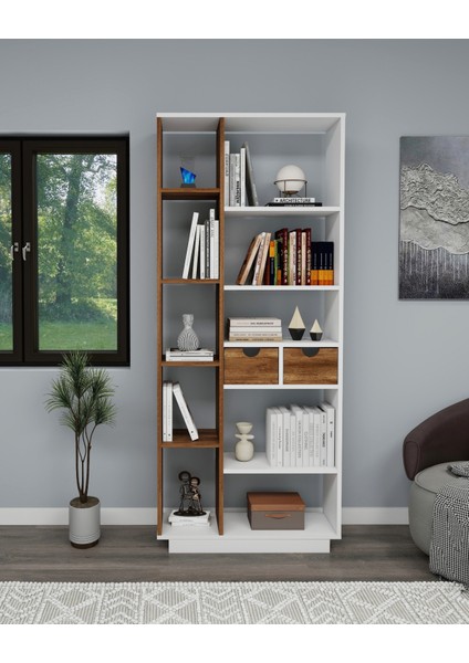 Luma 10 Bölmeli 2 Dolaplı Modern Kitaplık Beyaz Ceviz - Luma