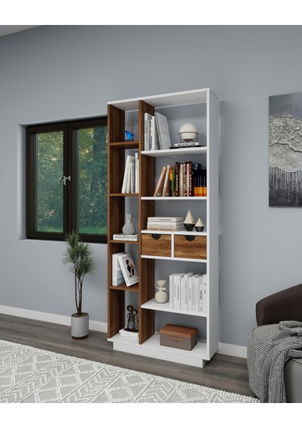 Luma 10 Bölmeli 2 Dolaplı Modern Kitaplık Beyaz Ceviz - Luma modelleri