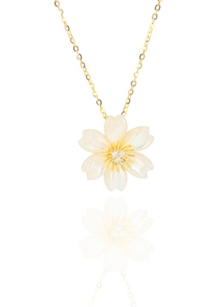 925 Ayar Gümüş Çiçek Zirkon Taşlı Gümüş Kolye (14 Ayar Altın Kaplamalı)