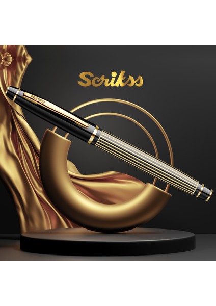 & WizDesign 35L Dolma Kalem Çizgi Desenli Siyah Altın F Uç LÜKS KUTULU / ÖMÜR BOYU GARANTİLİ / KİŞİSELLEŞTİRİLEBİLİR