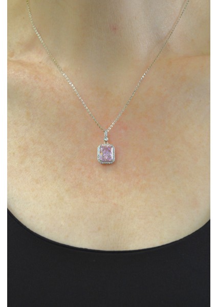 925 Ayar Gümüş Pembe Baget Zirkon Taşlı Baget Kadın Gümüş Kolye fiyatları