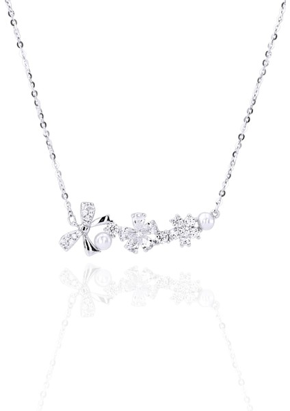 925 Ayar Gümüş Çiçekli ve Incili Beyaz Zirkon Taşlı Gümüş Kolye