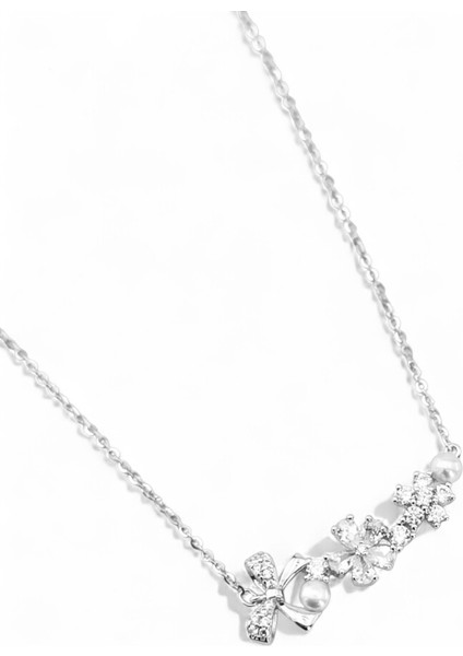 925 Ayar Gümüş Çiçekli ve Incili Beyaz Zirkon Taşlı Gümüş Kolye modelleri