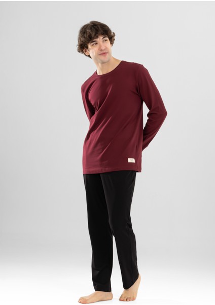 Erkek Pamuklu Bisiklet Yaka Baskılı Uzun Kollu Pijama Takımı 9802 Bordo