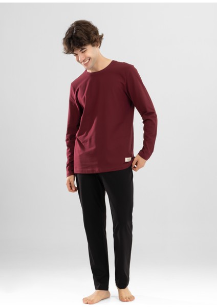 Erkek Pamuklu Bisiklet Yaka Baskılı Uzun Kollu Pijama Takımı 9802 Bordo fiyatları